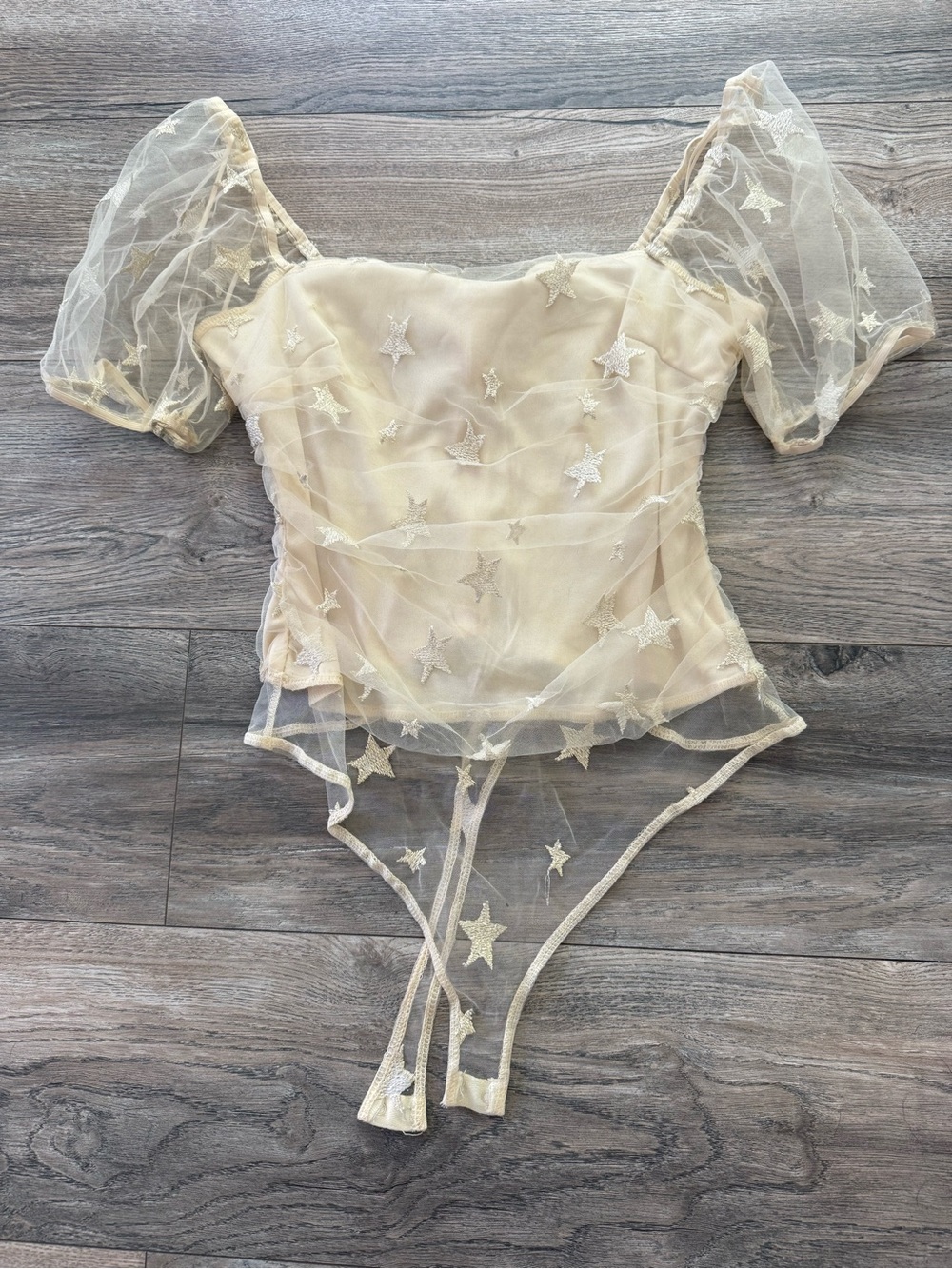 Le Lis Sheer Star-Embroidered Cream Puff-Sleeve Bodysuit